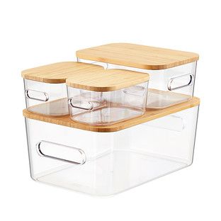 Smart Store Clear Compact Plastic Bins 4-Pack with Bamboo Lids | The Container Store