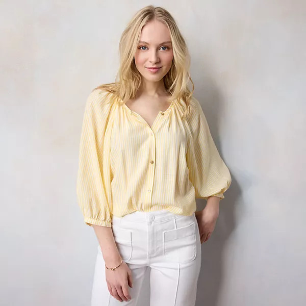 Women's LC Lauren Conrad Short Puff Sleeve V-Neck Woven Top | Kohl's