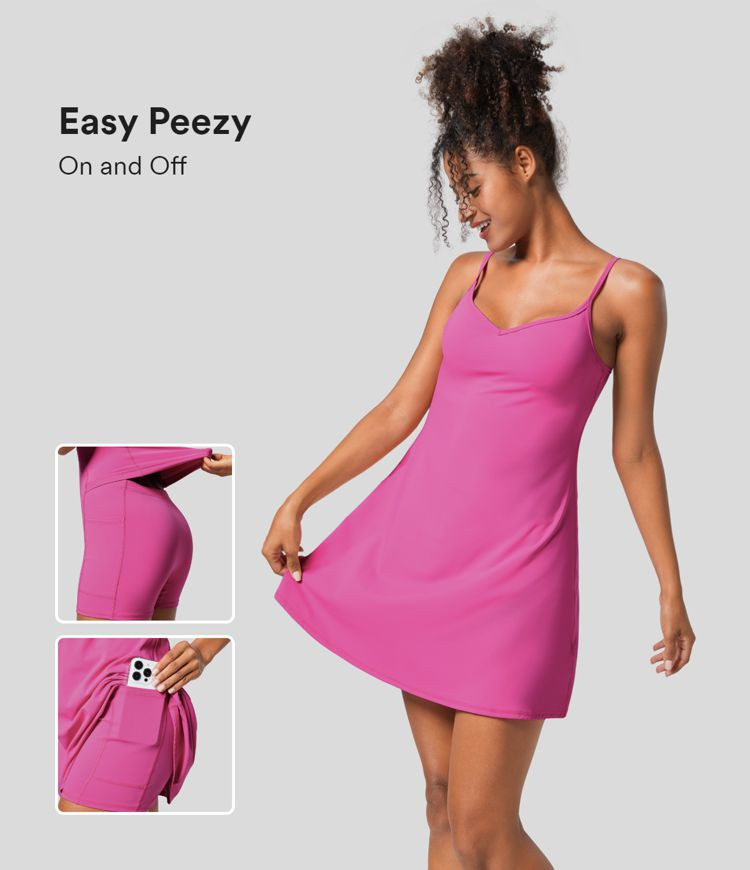 Adjustable Strap Backless 2-in-1 Pocket Flare Mini Slip Yoga Active Dress-Easy Peezy Edition | HALARA