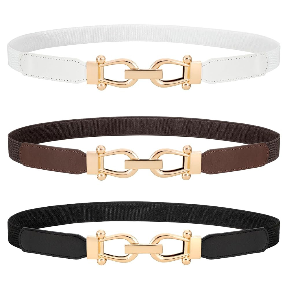 WERFORU 3 Pack Women Skinny Elastic Waist Belt Gold Buckle Stretchy Thin Belt for Jeans Dress | Amazon (US)