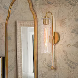 LLHZSY Dvorakova 19.53 in. 1-Light Cylinder Brushed Gold Wall Sconce with Crackle Glass Shade 810... | The Home Depot