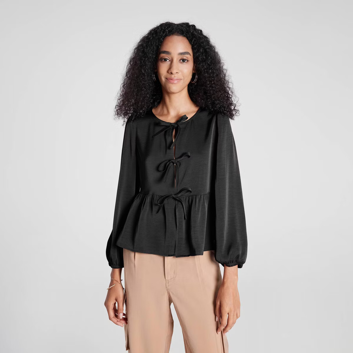 Women's Ballon Long Sleeve Tie Front Blouse - A New Day™ | Target