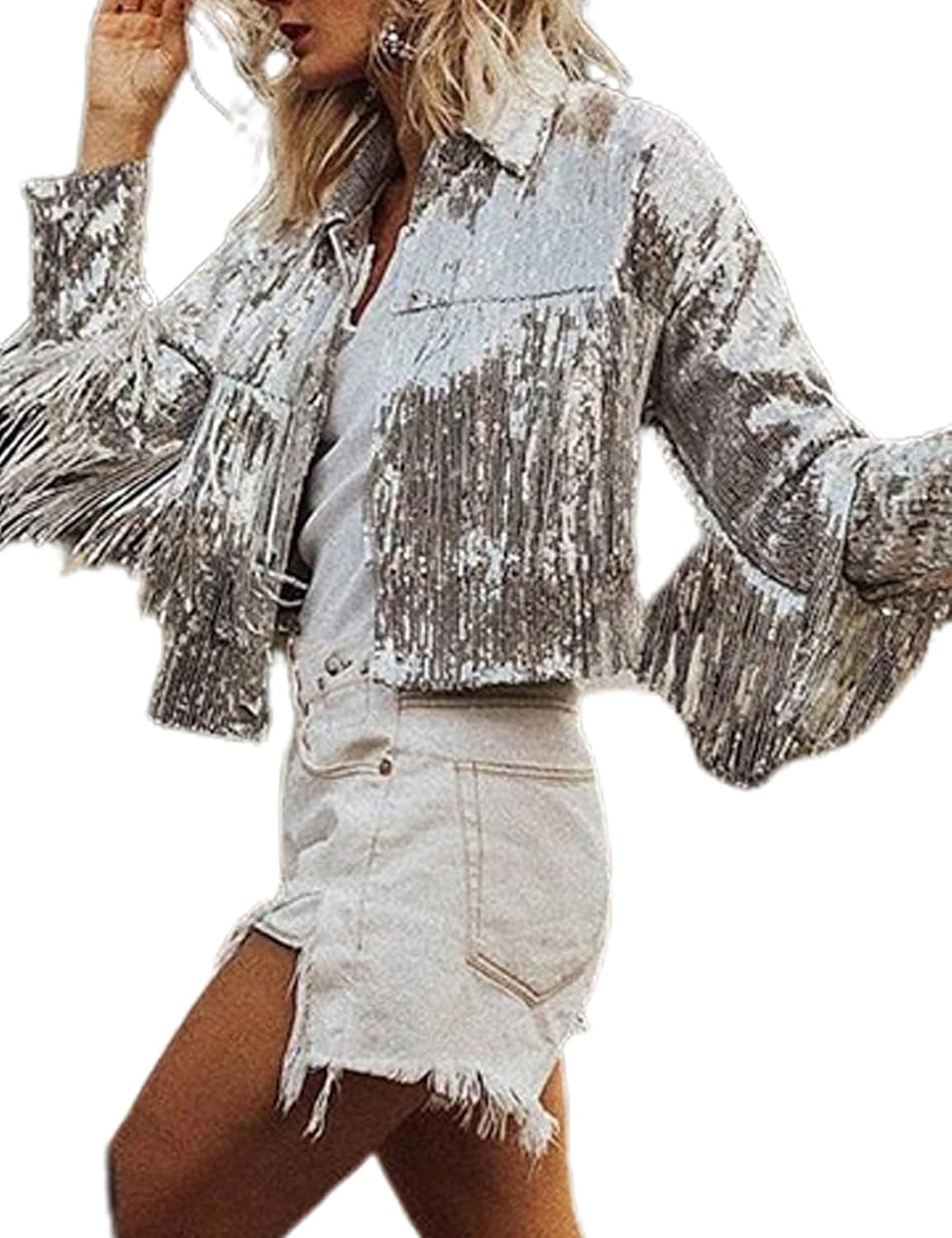 CXINS Women's Sequin Tassel Jacket Sparkle Retro Long Sleeve Reflective Fringe Jacket Sequin Coat | Amazon (US)