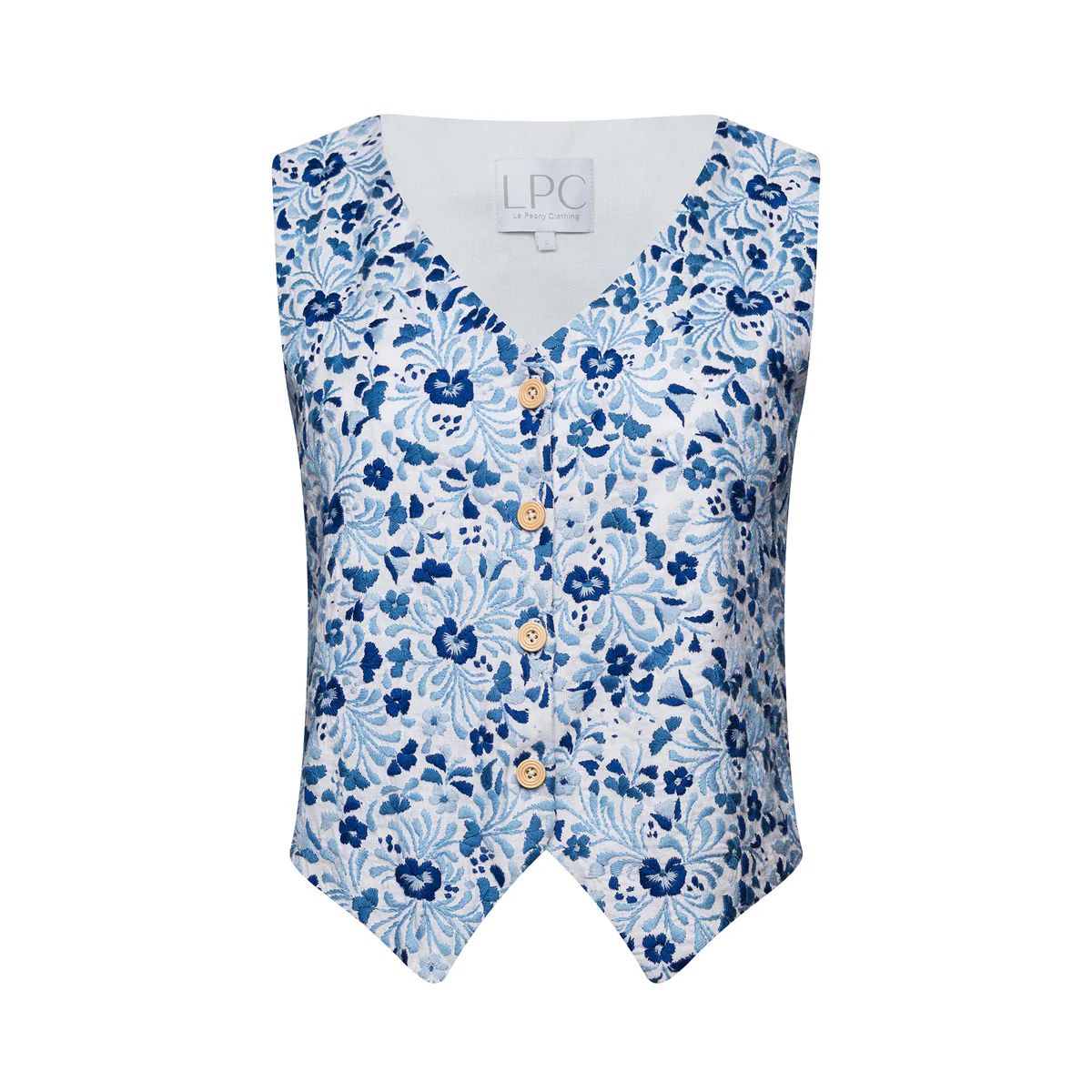 The Macfarland Vest in White with Blues | La Peony Clothing