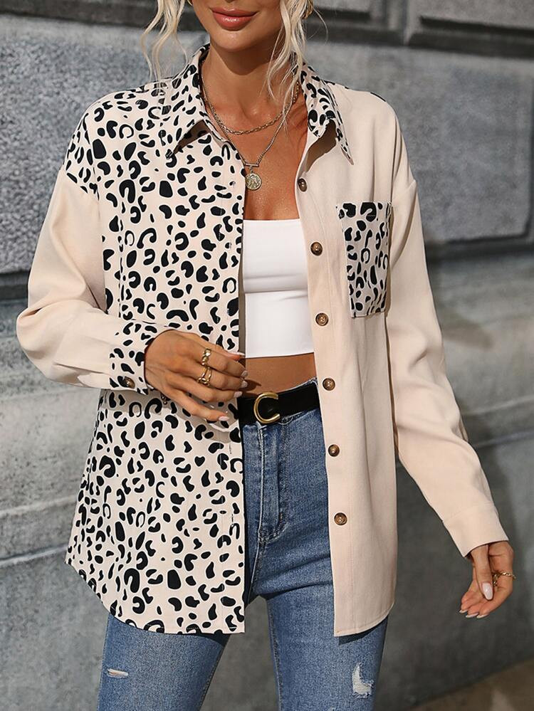 Leopard Patched Pocket Drop Shoulder Coat | SHEIN
