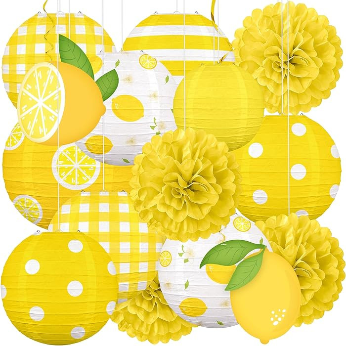 15PCS Summer Lemon Party Decorations Paper Lanterns Pom Poms Hanging Swirls Yellow Theme Lemonade Stand Italian Decor for Birthday Home Backyard Indoor Outdoor | Amazon (US)