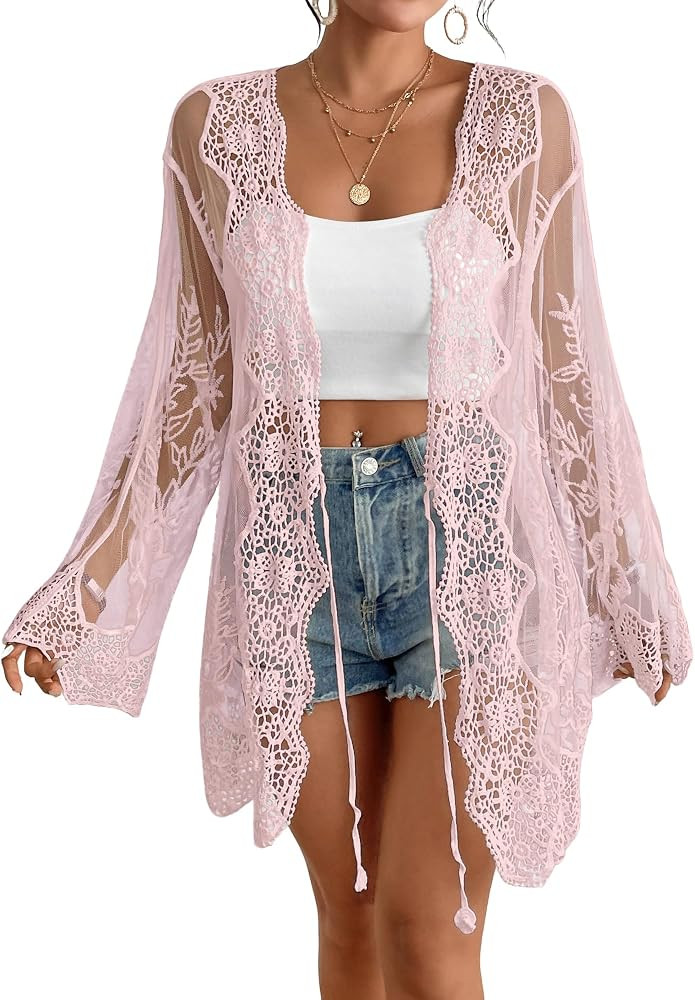 Bsubseach Women Mesh Lace Kimonos 2026 Swim Cover Up Summer Bikini Beach Coverup Boho Back Cutout... | Amazon (US)