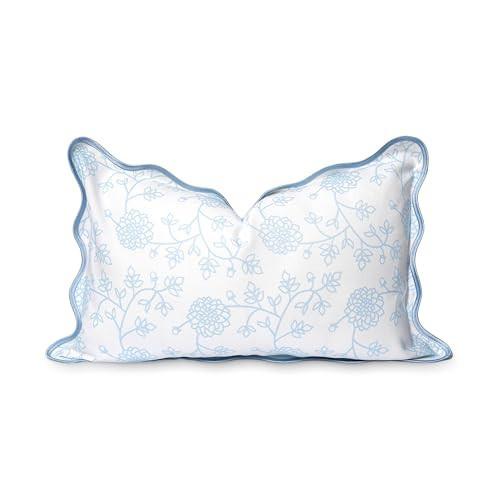 Hofdeco Premium Coastal Patio Indoor Outdoor Scalloped Lumbar Pillow Cover Only, 12"x20" Water Repellent for Backyard, Couch, Baby Blue Print Dahlia Floral | Amazon (US)