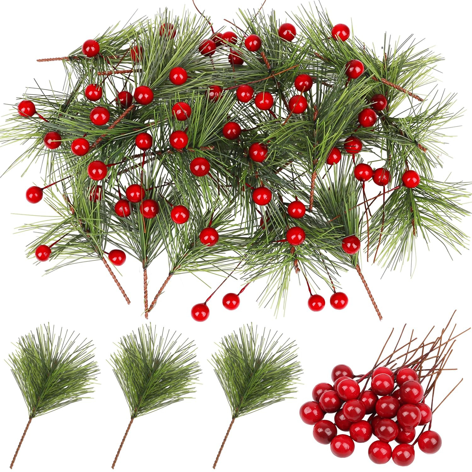 CCINEE 96Pcs Artificial Green Pine Needles Branches Red Berry Picks for Crafts, Greenery Stems Mi... | Amazon (US)