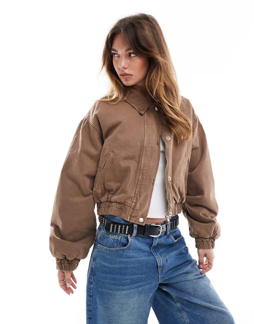 ASOS DESIGN denim bomber jacket with cord collar in brown | ASOS (Global)
