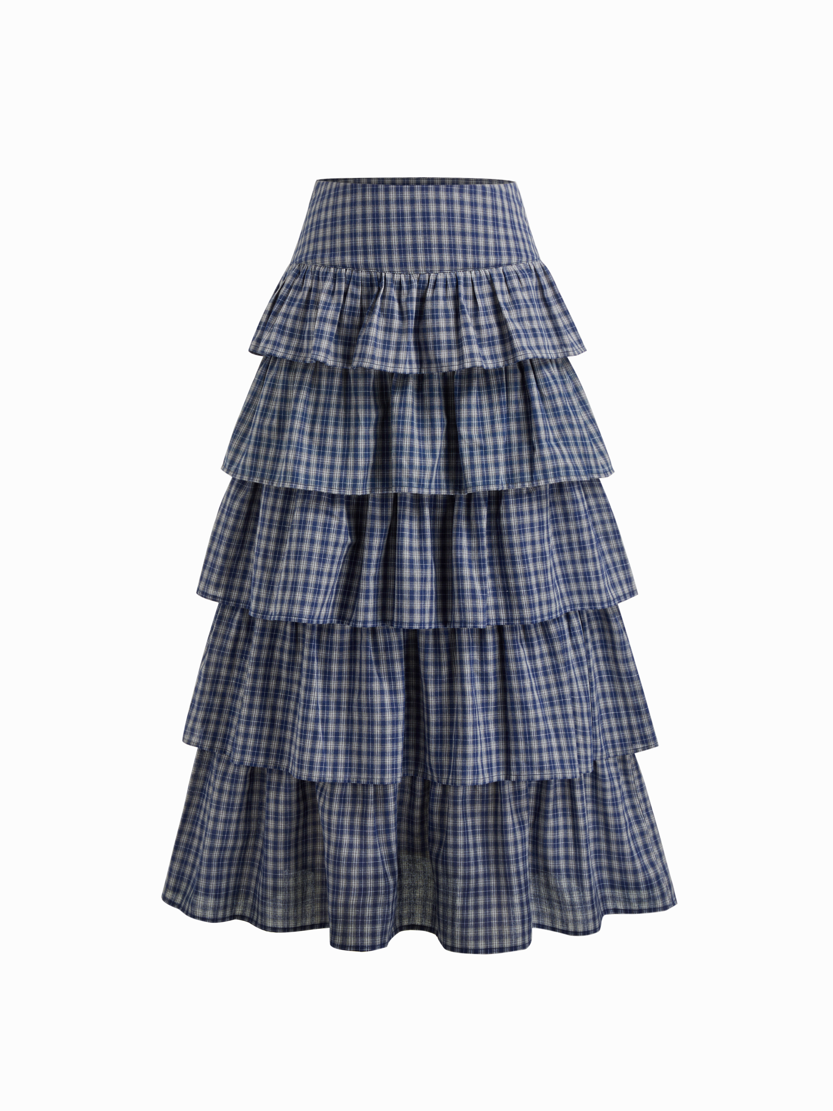 Woven Cotton-blend Mid Rise Tartan Layered Ruffle Hem Maxi Skirt For Daily Casual | Cider