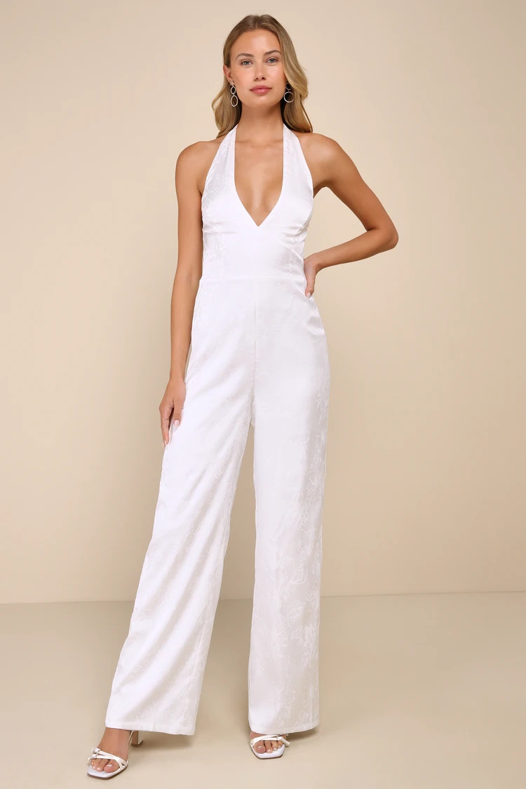 Elegant Aspect Ivory Floral Jacquard Halter Wide-Leg Jumpsuit | Lulus
