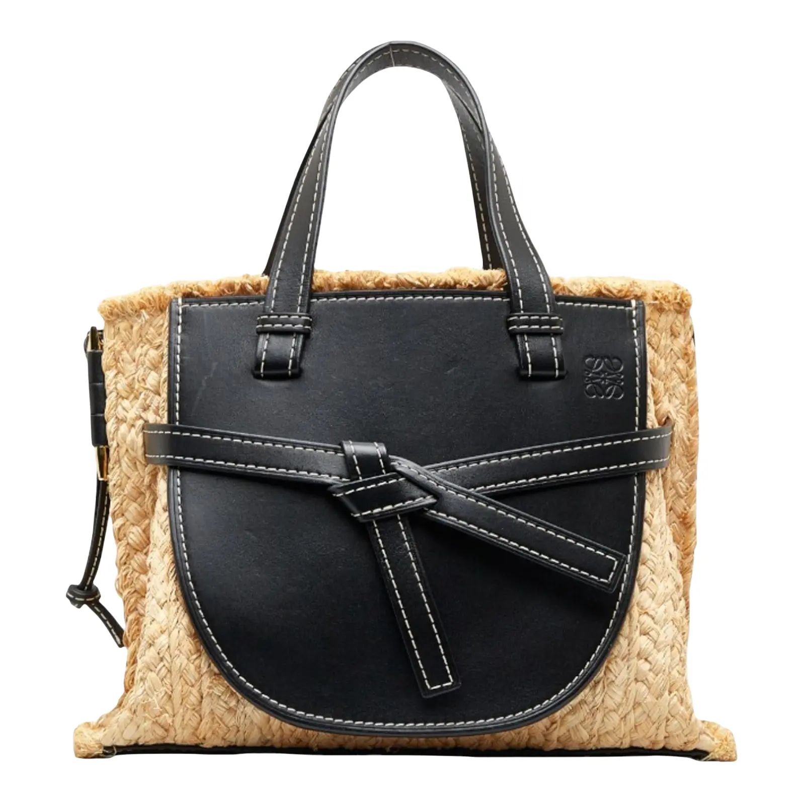 Loewe Anagram Gate Handbag Shoulder Bag 329.13.U61 Black Beige Leather Raffia Women's | Chairish