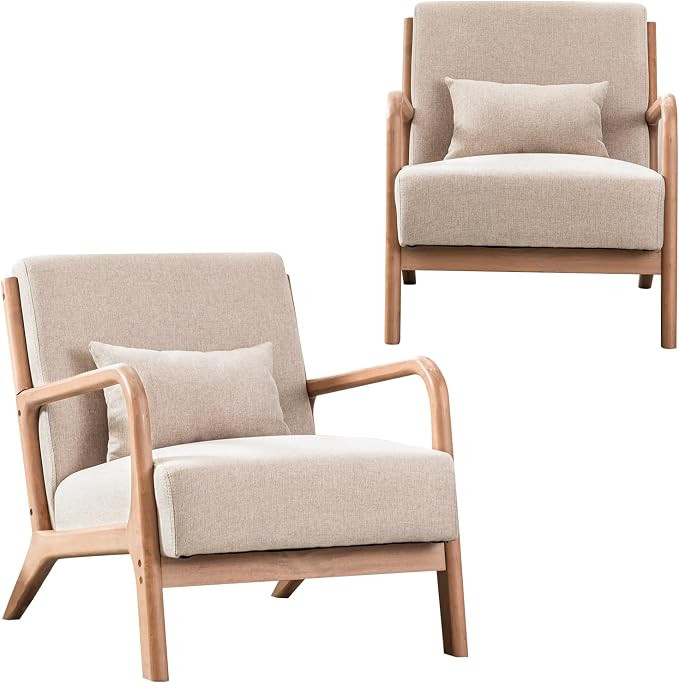 Mid-Century Modern Accent Chair Set of 2, Upholstered Living Room Chairs with Waist Cushion, Read... | Amazon (US)
