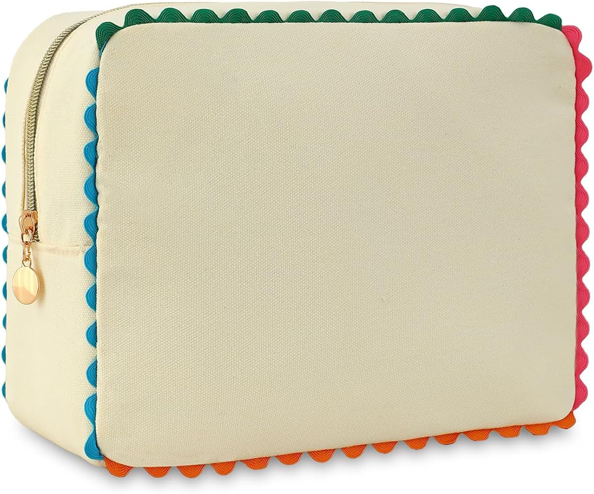 Canvas Makeup Bag for Women, Rainbow Rick Rack Trim Cute Cosmetic Bag, Travel Toiletry Organizer,... | Amazon (US)