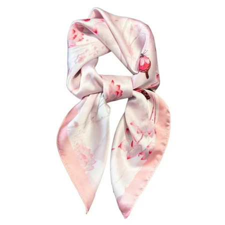Women's Satin Square Scarf with Butterfly and Floral Print Lightweight Silky Neck Head or Bag Accessory - Pink | Walmart (US)