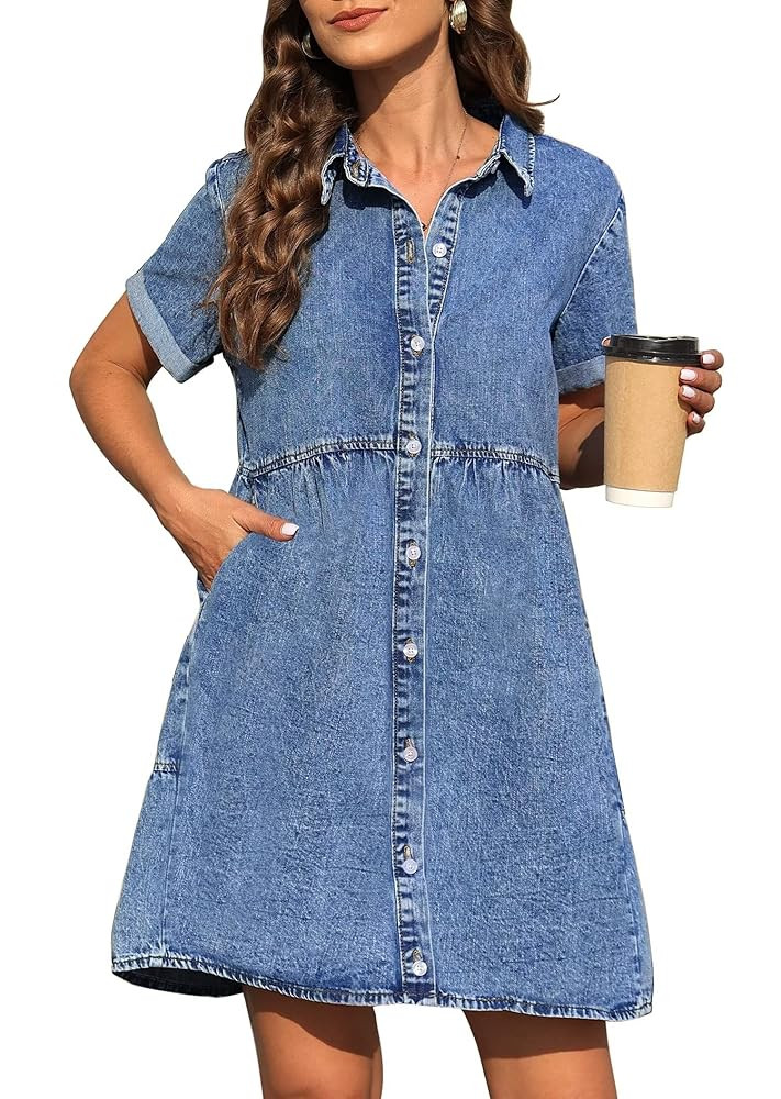 KDF Denim Dress for Women with Pockets Short Sleeve Babydoll Denim Shirt Dresses for Women 2025 | Amazon (US)