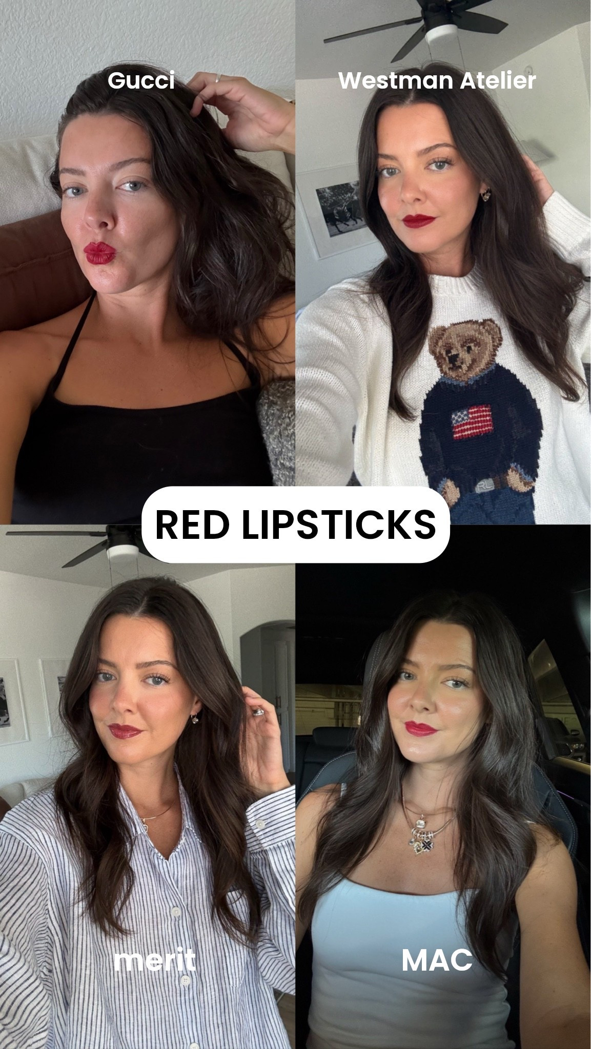 MAC: Russian Red
Merit: Cassis + Pointelle gloss
Westman Atelier: Ma Biche
Gucci: Goldie red