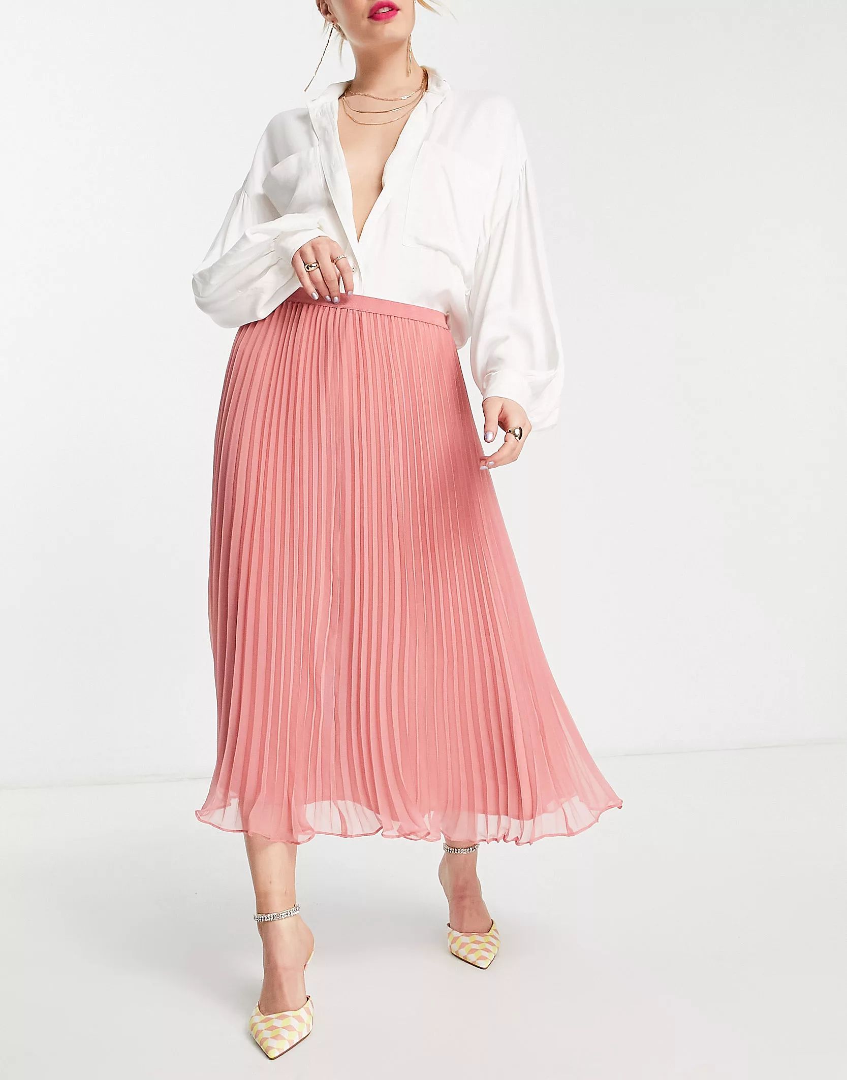 French Connection midi pleated skirt in coral pink | ASOS (Global)