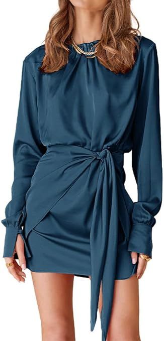 BTFBM Women Casual Long Sleeve Ruched Wrap Dress Crew Neck Tie Waist Short Dresses Solid Party Dr... | Amazon (US)