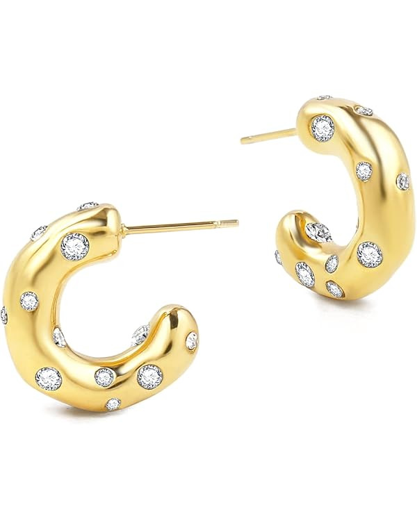 CONRAN KREMIX Small Thick Gold Chunky Hoop Earrings Diamond Lightweight Hoops For Women | Amazon (US)