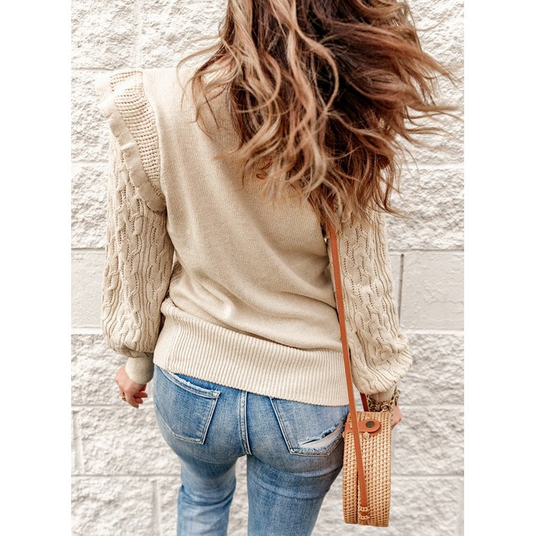 Sidefeel Women Casual Crewneck Ruffle Long Sleeve Cable Knit Sweater Winter Elegant Pullover Jump... | Walmart (US)
