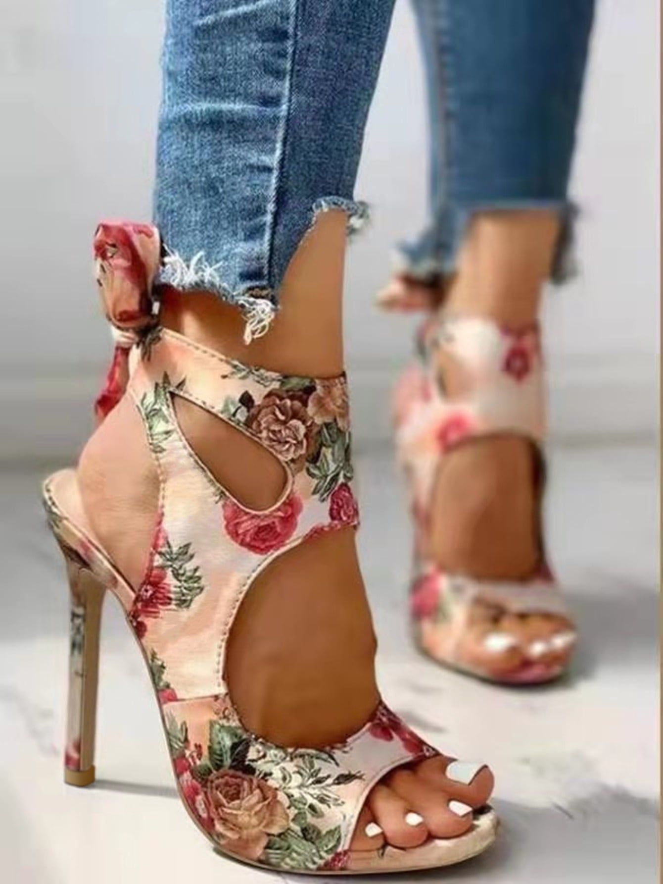 Floral Print Tie Back Stiletto Heeled Slingback Sandals
   SKU: sx2203156128123383      
        ... | SHEIN