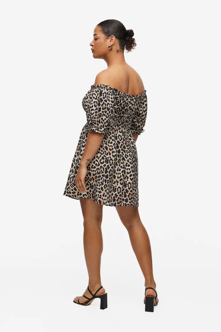 Off-the-shoulder Dress - Beige/leopard print - Ladies | H&M US | H&M (US + CA)