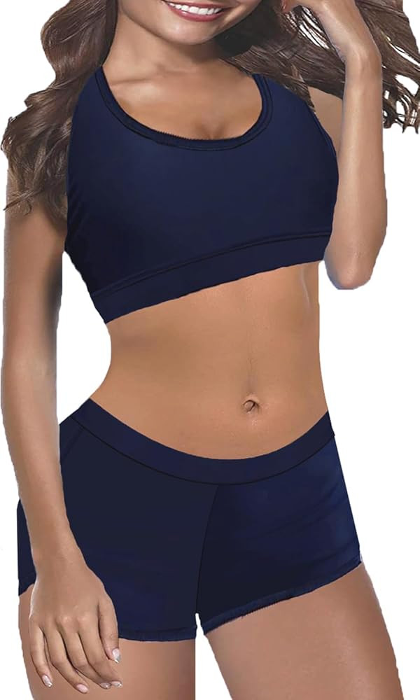 Women's 2 Piece Bandage Sporty Bathing Suit Scoop Neck Boyshorts Bikini Swimsuit | Amazon (US)