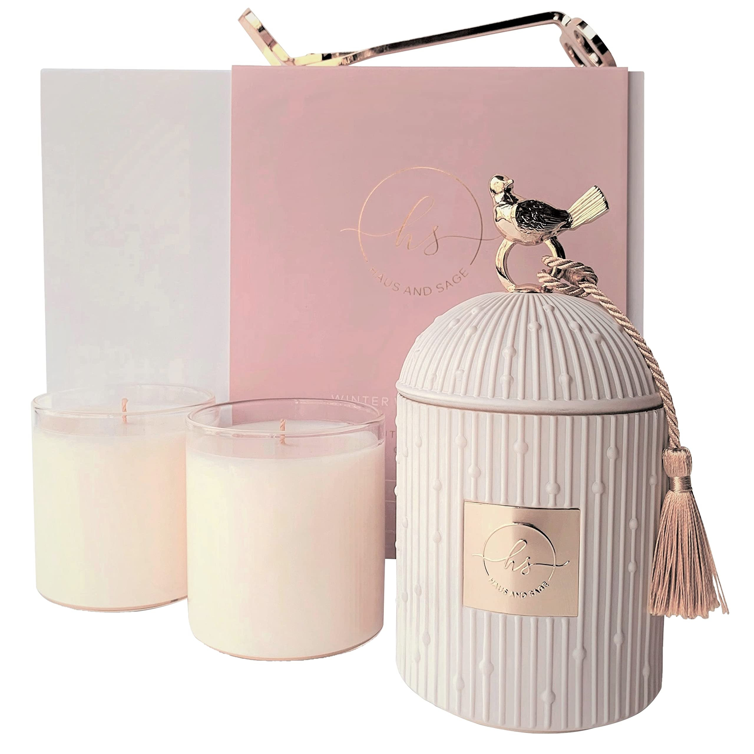 Luxury Scented Candle Gift Set - Holder + 2 x 8.5oz Soy Refills + Wick Trimmer - 115 Hour Burn - Birthday Gifts for Women - Centerpiece Decorations - 4 Pcs | Amazon (US)