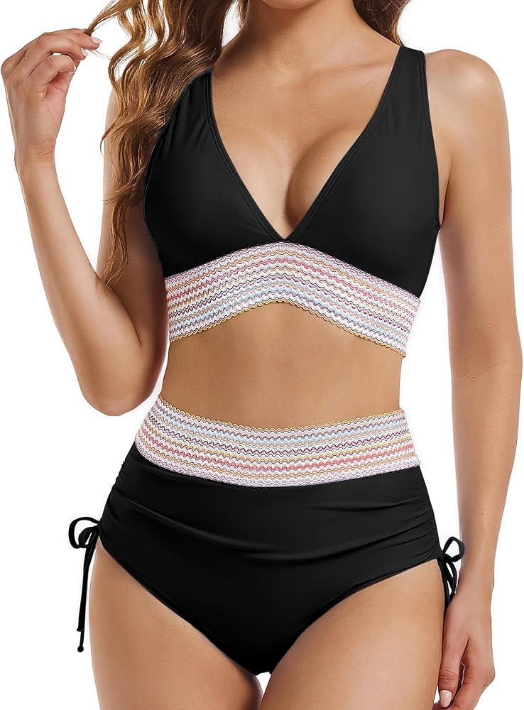 High Waisted Bikini Sets for Women Tummy Control Swimsuits Color Block Drawstring Womens Two Piec... | Amazon (US)