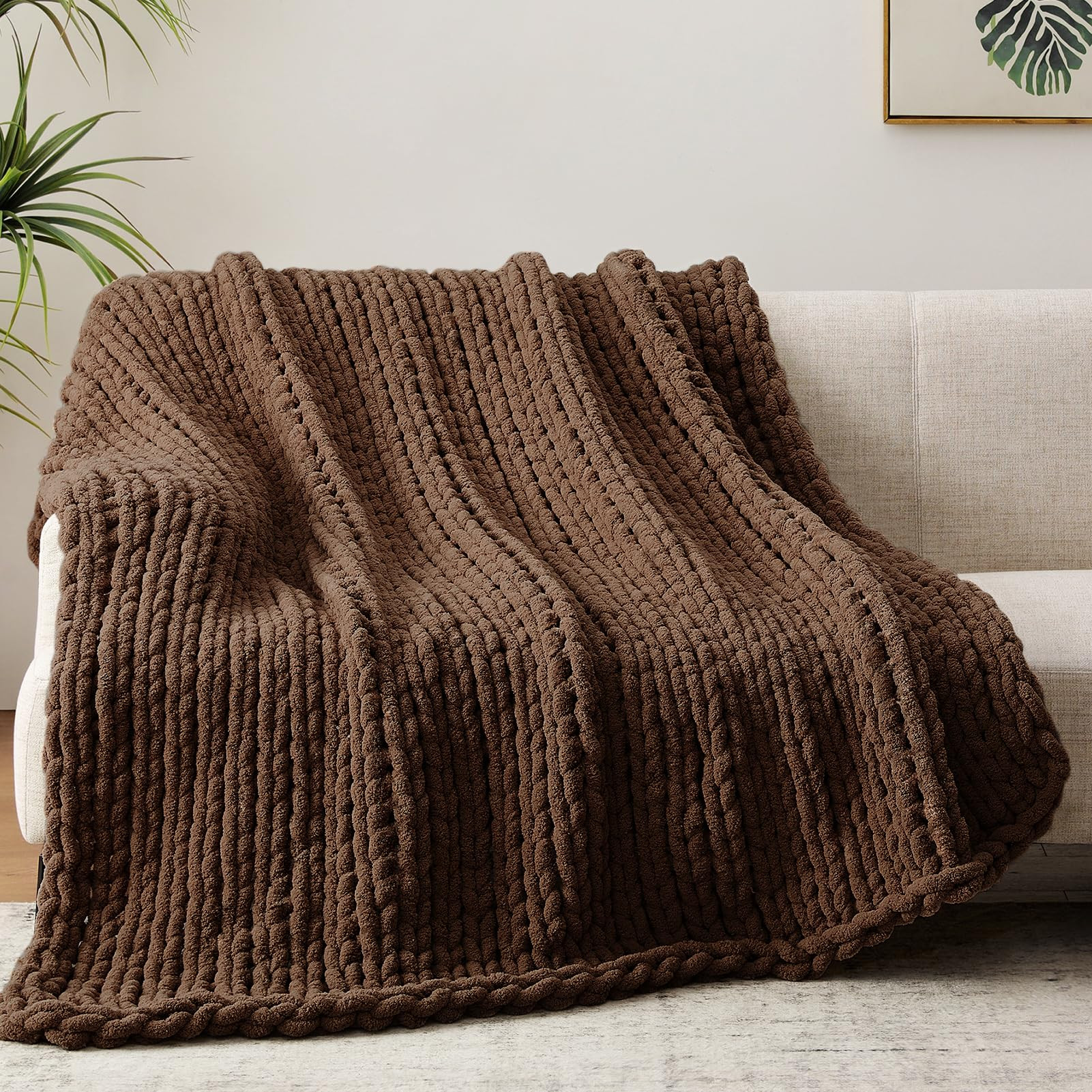 Chunky Knit Throw, 60''*80'' Chenille Blanket for Bed & Couch, Handmade Dark Brown Crochet Blanke... | Amazon (US)