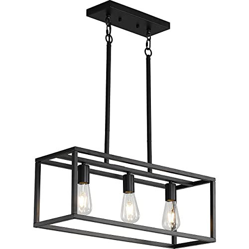 XISLTHOTSL Black Kitchen Island Lighting, Modern Linear Cage Retangular Chandelier, 3 Lights Industrial Metal Hanging Light Fixture for Farmhouse Kitchen Dining Room Bar Foyer | Amazon (US)