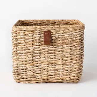 Decorative Cube Basket with Leather Pull 13" x 11" Natural - Threshold™ designed wi... | Target