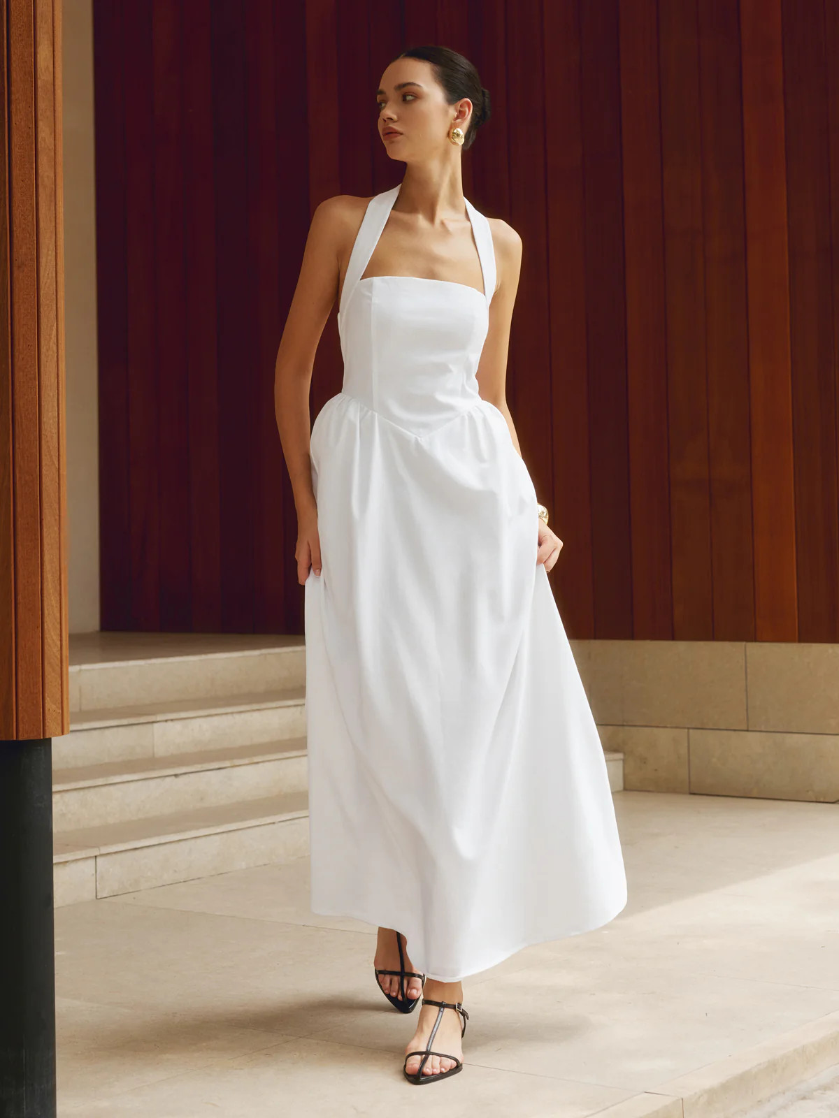 Cotton & Linen Halter A Line Long Dress | Commense