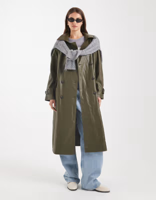 ASOS DESIGN leather look trench coat in dark olive | ASOS | ASOS (Global)