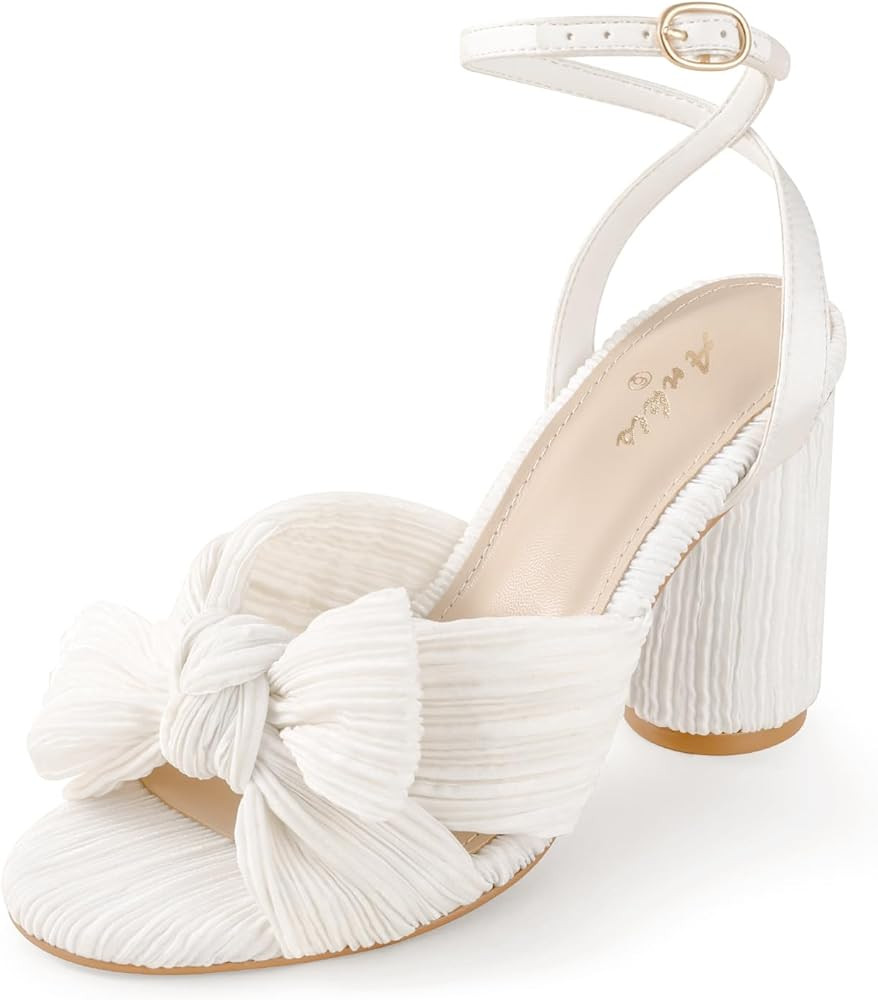 Ankis White Gold Bow Heel Chunky Wedding Shoes for Bride 3.15 Inch High Heel Open Toe Ankle Buckl... | Amazon (US)