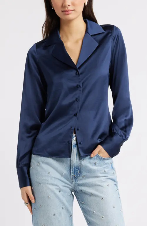 Open Edit Satin Button-Up Shirt in Navy Iris at Nordstrom, Size Xx-Small | Nordstrom
