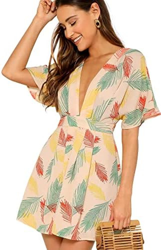 Floerns Women's Tropical Floral Plunging V Neck Tie Open Back Summer Short Dress | Amazon (US)