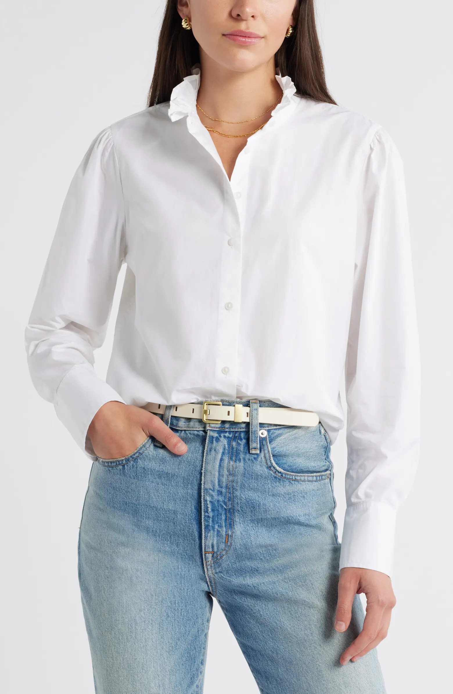 Ruffle Puff Sleeve Cotton Button-Up Shirt | Nordstrom