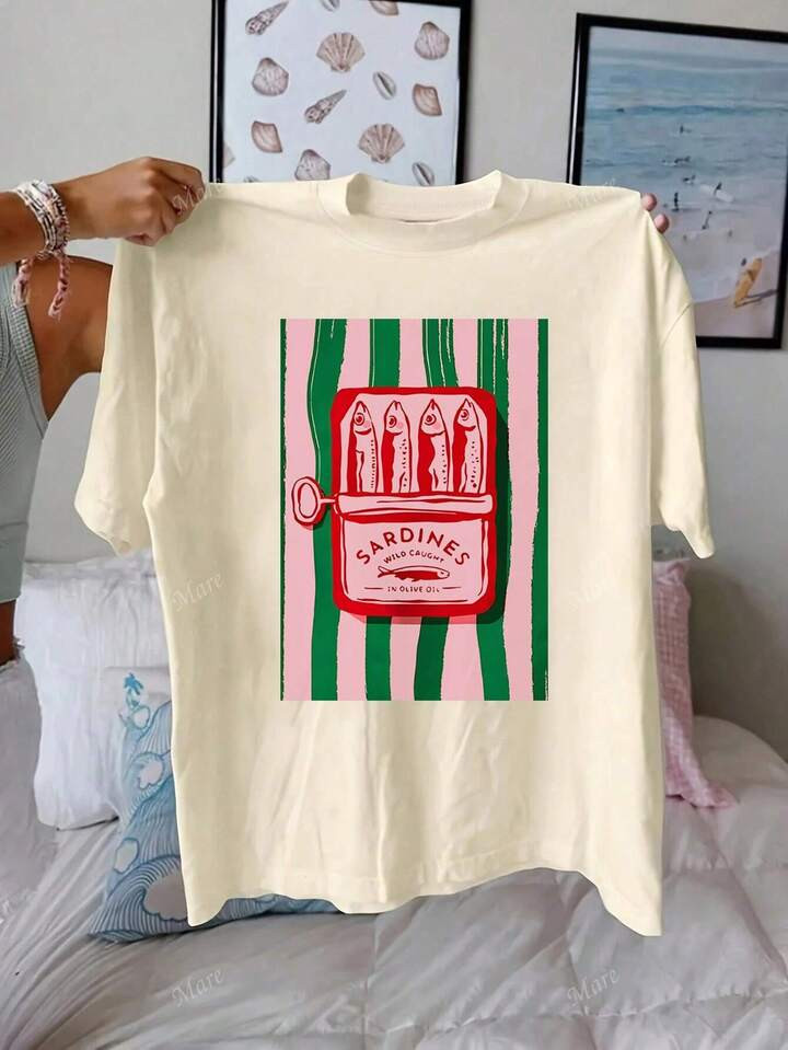 Women Sardine Can Print Summer Beach, Casual Round Neck Short Sleeve T-Shirt | SHEIN
