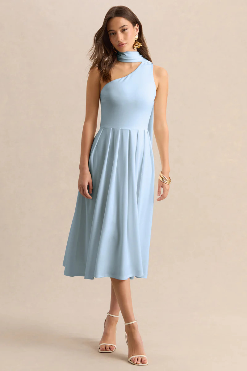 Odette  Powder Blue Asymmetric-Neck Midi Dress With Scarf | Club L London