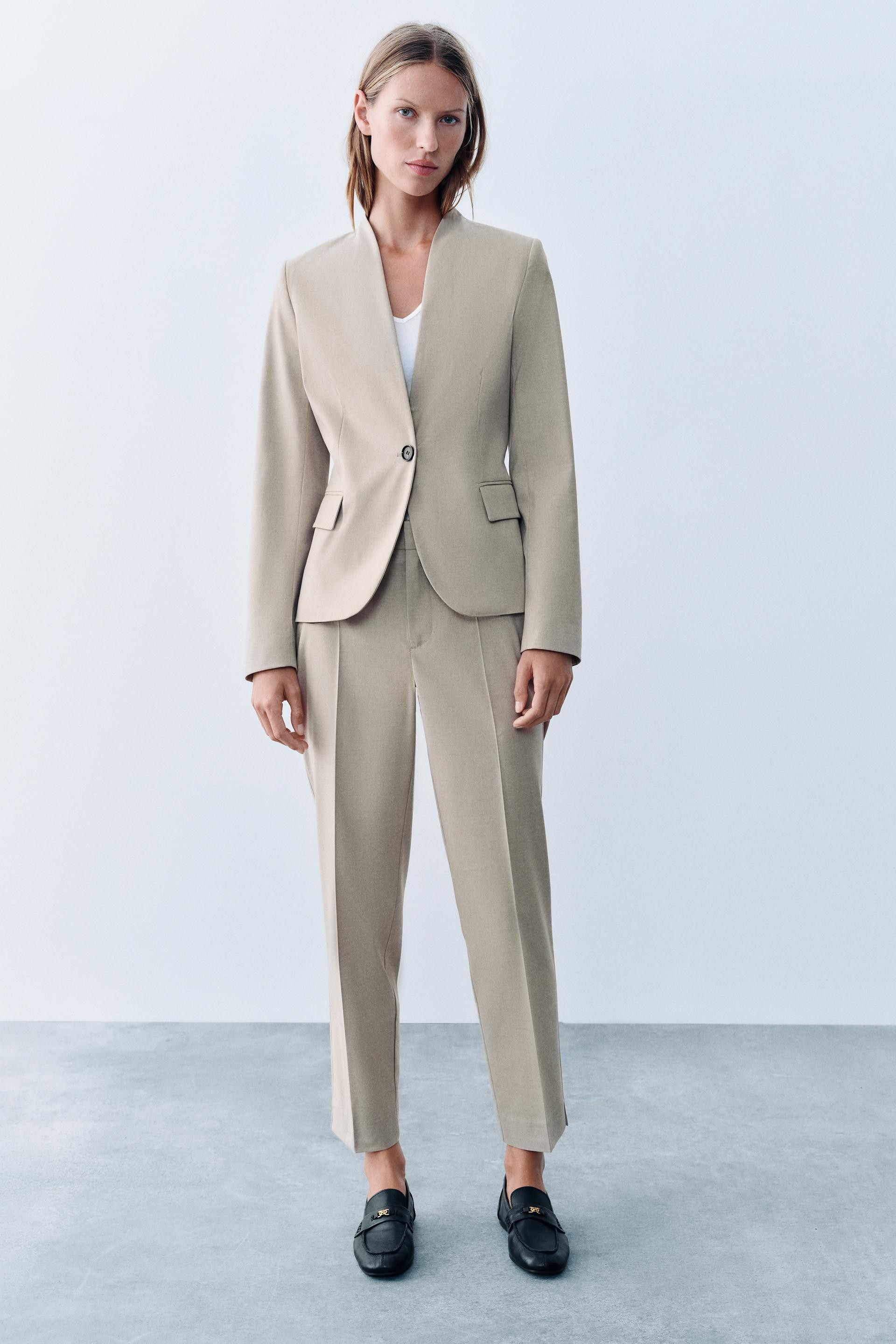Zara - Tailored Blazer With Shoulder Pads - Sand - L - Woman | Zara UK