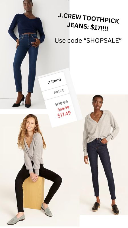 DEAL OF THE MONTH?! $17 j.crew toothpick jeans with code “SHOPSALE.” 🤯🤯🤯 they run TTS!! 

I am SUCH a toothpick jeans fan — I don’t care what the younger kids say; I will always love my skinny jeans. 

DON’T DELAY because they’re sure to sell out today!! 

#LTKFindsUnder50 #LTKSaleAlert