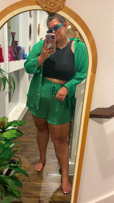Loving this green summer short set with button up shirt paired with a cropped tank 

#LTKcurves #LTKunder50 #LTKstyletip