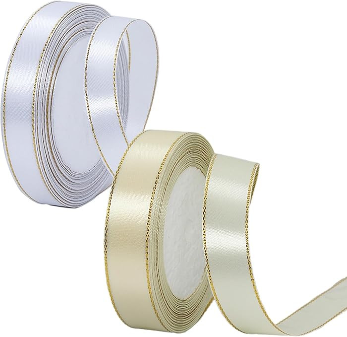 2 Rolls White and Gold Ribbon, 0.79inch 24 Yards Gold Edges Border Fabric Ribbon for Gifts Wrappi... | Amazon (US)