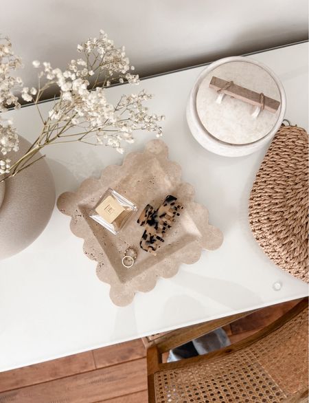 The most beautiful decorative travertine tray with the prettiest scalloped detail has me swooning. This tray is so versatile and can be used in a bathroom kitchen, bedroom, nightstand etc. amazon finds, home decor, organic modern. 

#LTKhome #LTKFind #LTKunder100