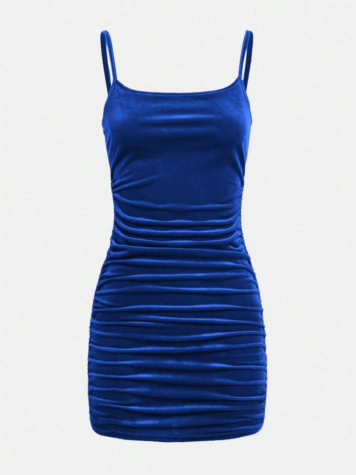 SHEIN Teen Girl Velvet Pleated Slim Fit Holiday Spaghetti Strap Dress | SHEIN