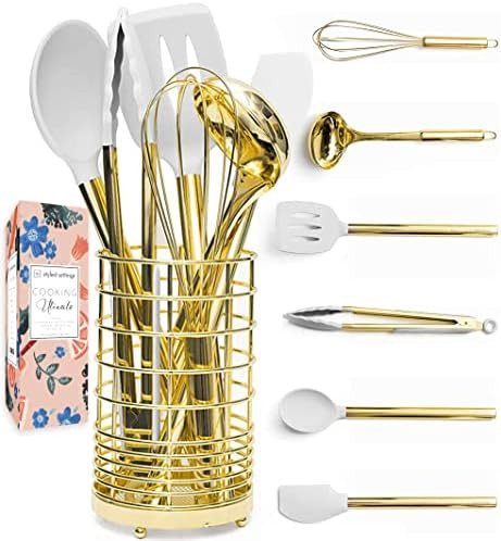 White Silicone and Gold Cooking Utensils Set with Holder- 7 PC Gold Kitchen Utensils Set Includes... | Amazon (US)