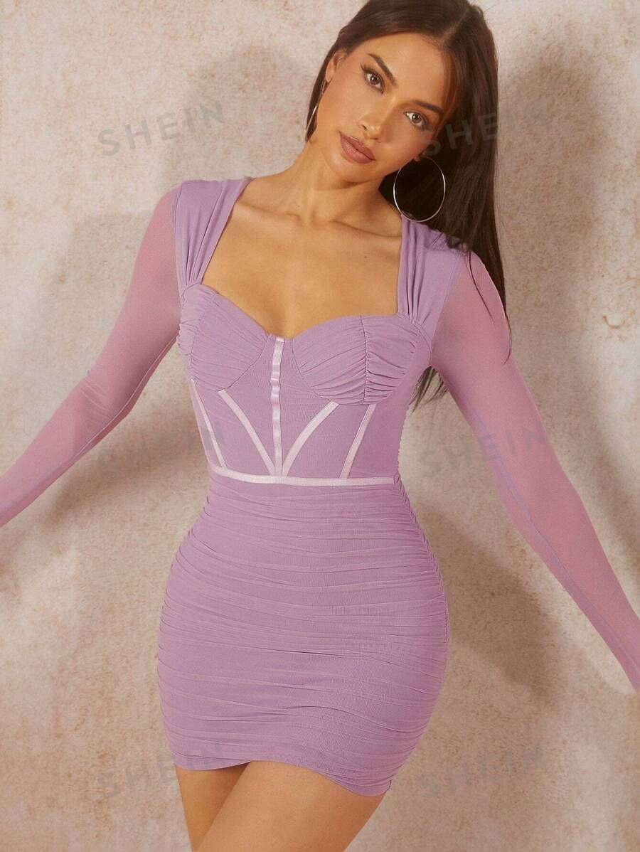 SHEIN Haute Ruched Mesh Bustier Bodycon Dress | SHEIN